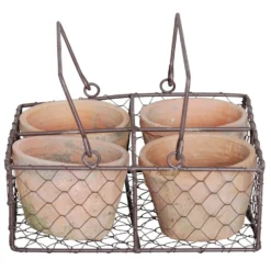 Aged Terracotta Pots - Set Of 4 With Wire Basket