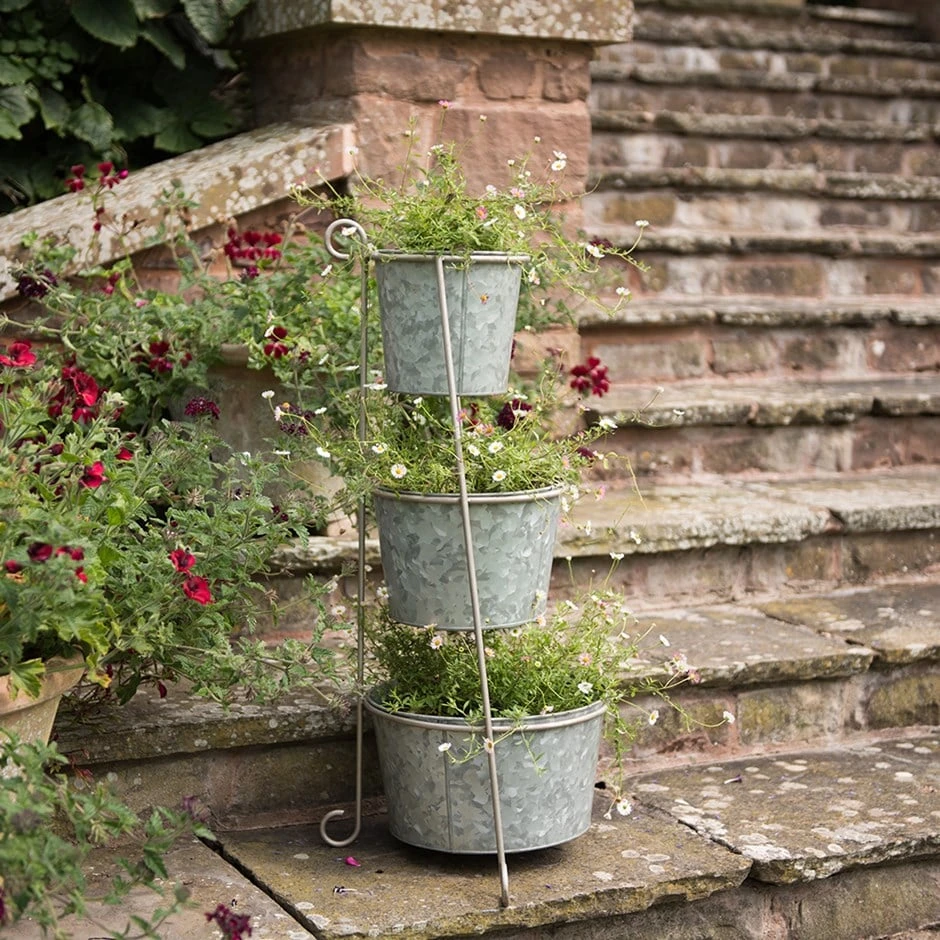 Tiered Corner Stand With Three Galvanised Pots 1 Tiered Corner Stand With Three Galvanised Pots