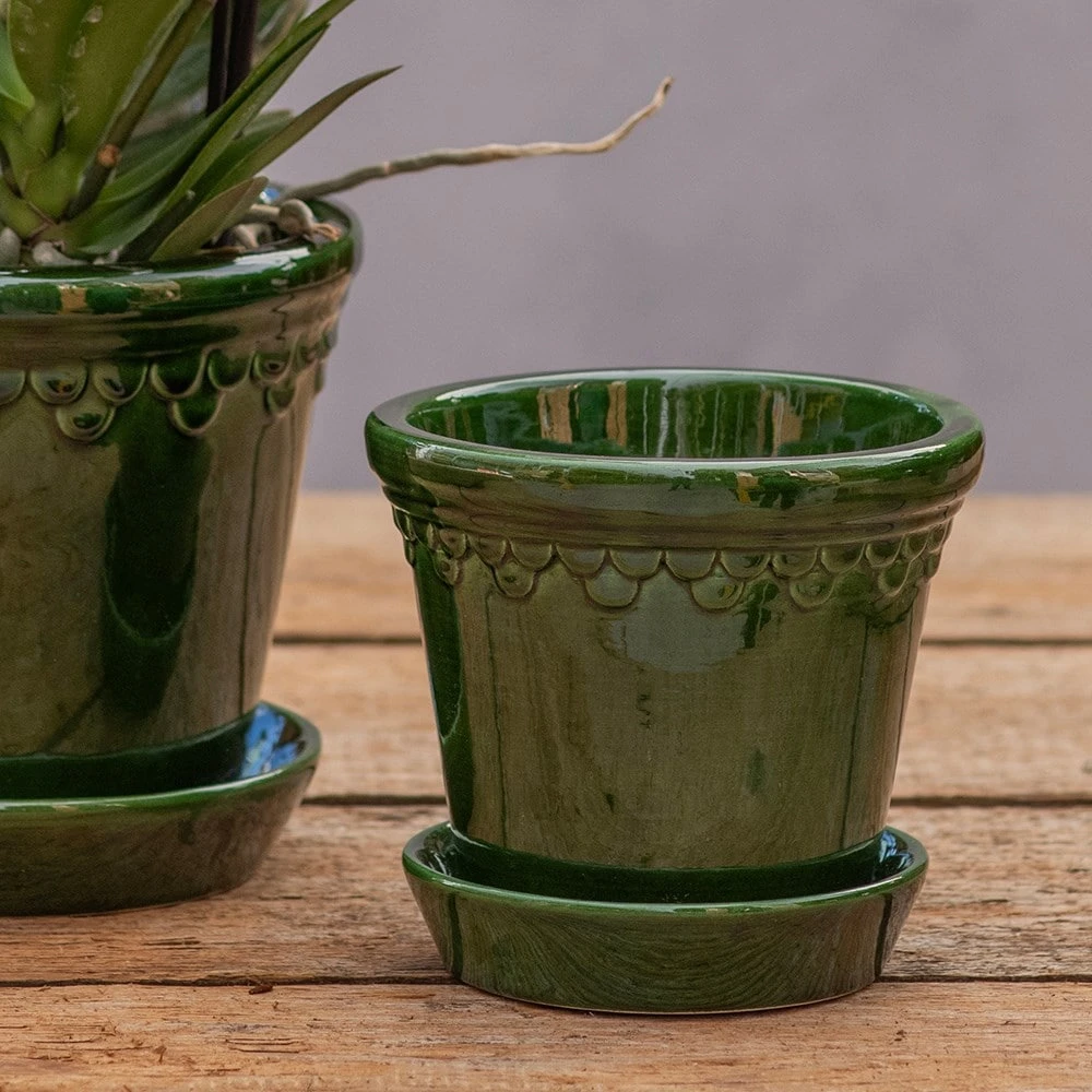 Scalloped Tapered Plant Pot With Saucer - Dark Green 3 Scalloped Tapered Plant Pot With Saucer - Dark Green - Image 3
