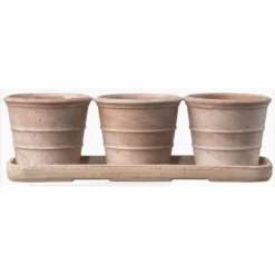 Italian Terracotta Pots Whitewash - Set Of 3 With Tray